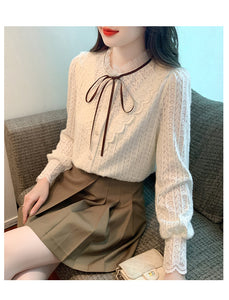 Korean style versatile bow-knot velvet thickened long-sleeved lace shirt