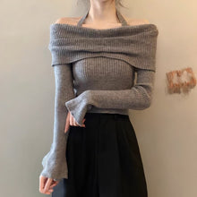 Load image into Gallery viewer, Halterneck knitted one-shoulder long-sleeved off-shoulder cropped sweater
