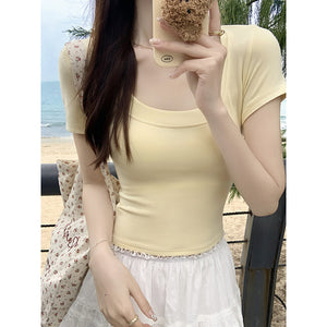 Solid color versatile right shoulder tight sweet and spicy short U-neck top