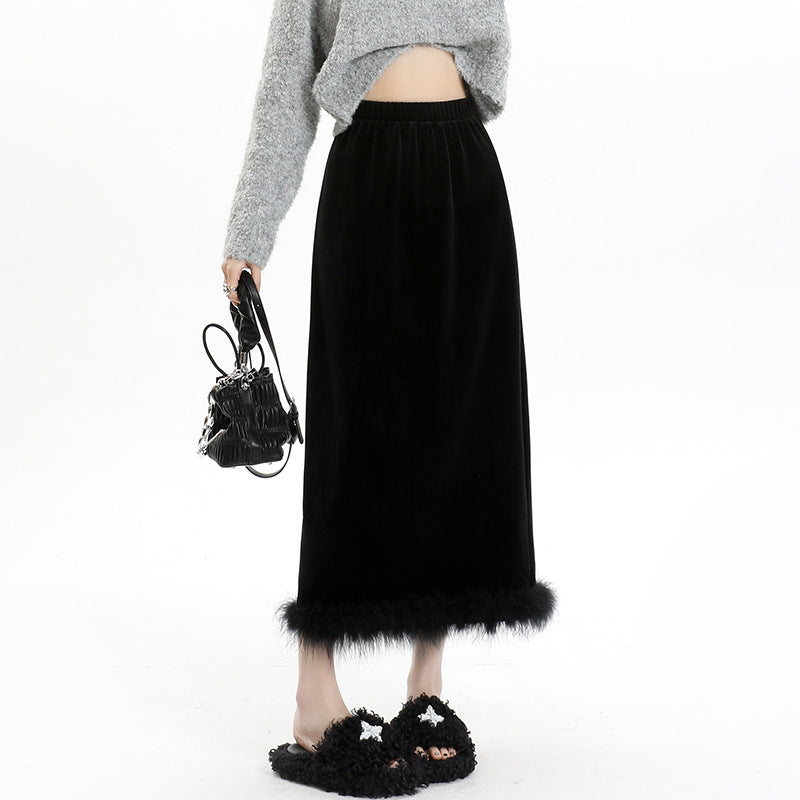 Velvet and furry autumn and winter style slit hip-hugging long skirt