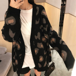 V-neck leopard print loose lazy style wool knitted cardigan jacket