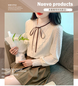 Korean style versatile bow-knot velvet thickened long-sleeved lace shirt