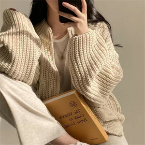 Retro lazy loose zippered twist sweater jacket