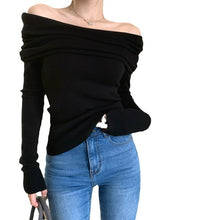Load image into Gallery viewer, Off-shoulder long-sleeved soft style short tight knit sweater
