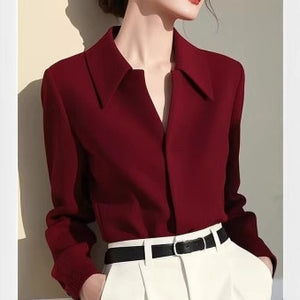 Fashion retro beautiful wine red lapel long sleeve shirt