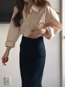 French style design, casual and versatile solid color shirt top
