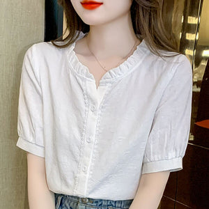 Stand-up collar short-sleeved versatile fungus collar patchwork lace top