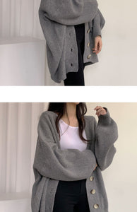 Casual V-neck single-breasted loose lantern sleeve knitted cardigan sweater