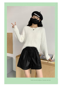 Washed leather A-line strap casual wide-leg shorts