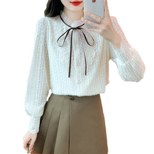 Korean style versatile bow-knot velvet thickened long-sleeved lace shirt