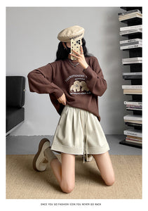 Washed leather A-line strap casual wide-leg shorts