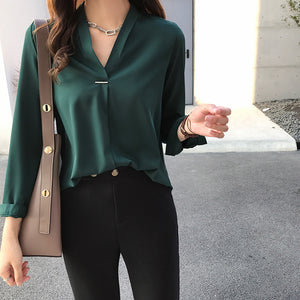 Gentle Style V-neck Long Sleeve Chiffon Top Shirt