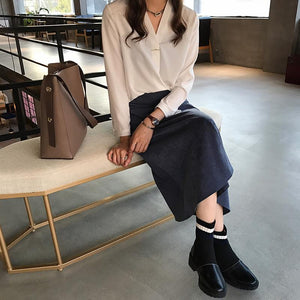 Gentle Style V-neck Long Sleeve Chiffon Top Shirt