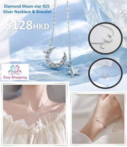 Diamond Moon-star 925 Silver Necklace & Bracelet
