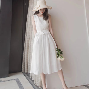 High Waist Sleeveless White Long Skirt Dress
