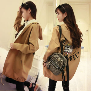 Korean Casual Print Loose Trench Coat Hooded Jacket