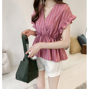 Lotus Leaf Sleeve V-neck Striped Blouse Shirt