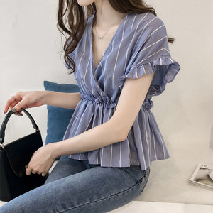 Lotus Leaf Sleeve V-neck Striped Blouse Shirt