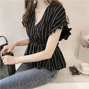 Lotus Leaf Sleeve V-neck Striped Blouse Shirt