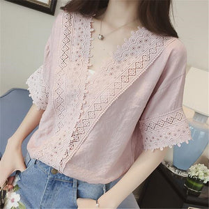 Korean Style Chiffon Short-sleeved Loose Hollow V-neck