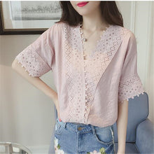 Load image into Gallery viewer, Korean Style Chiffon Short-sleeved Loose Hollow V-neck
