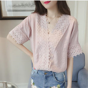 Korean Style Chiffon Short-sleeved Loose Hollow V-neck