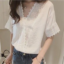 Load image into Gallery viewer, Korean Style Chiffon Short-sleeved Loose Hollow V-neck

