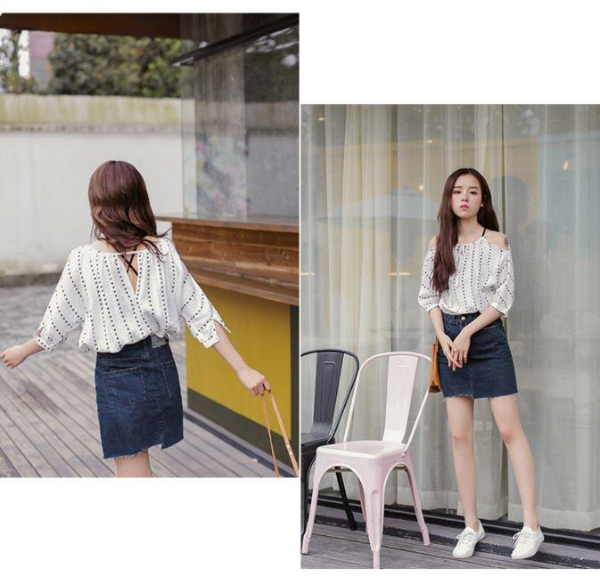 One-size Vertical Stripes Off Shoulder Loose and Thin Skirt