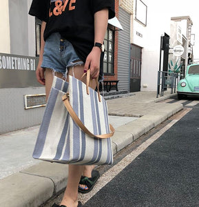 Striped Canvas Large-capacity Tote Bag