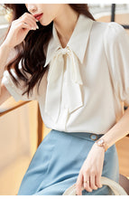 Load image into Gallery viewer, Smokey blue chiffon short-sleeved shirt with drape
