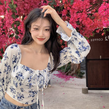 Load image into Gallery viewer, Retro Floral Puff Sleeve Square Collar Long-sleeved Shirt
