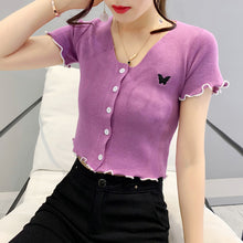 Load image into Gallery viewer, Butterfly Embroidery Short-sleeved Round Neck Shirt
