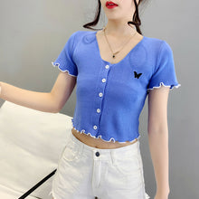 Load image into Gallery viewer, Butterfly Embroidery Short-sleeved Round Neck Shirt
