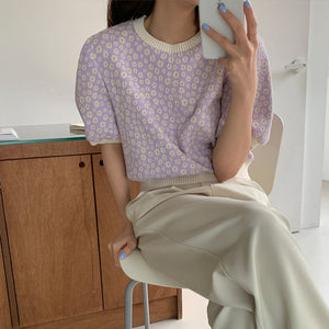 Little Daisy Puff Sleeve Knitwear Top Icy Silk
