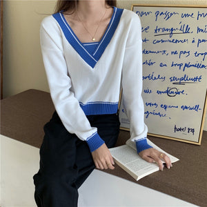 实拍2022秋季新款女装上衣V领法式复古假两件短款针织衫