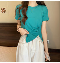 Load image into Gallery viewer, Design sense slit short-sleeved t-shirt slim fit shoulders short T-shirt

