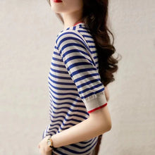 Load image into Gallery viewer, Navy Striped Round Neck Short-sleeved Pullover Shirt
