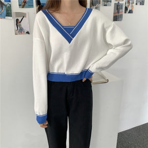 实拍2022秋季新款女装上衣V领法式复古假两件短款针织衫