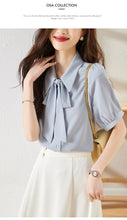 Load image into Gallery viewer, Smokey blue chiffon short-sleeved shirt with drape
