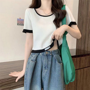 Striped U-neck Short Knitted Pullover Top Shirt
