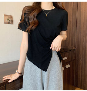 Design sense slit short-sleeved t-shirt slim fit shoulders short T-shirt