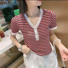 Load image into Gallery viewer, Striped V-neck Pearl Button Short-sleeved Top Sweater
