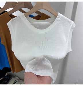 Solid Color All-match Western Style Sleeveless Ice Silk Short Top Shirt