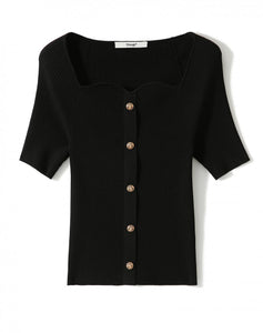 French Seagull Collar Retro Gold Buckle Knitted Top Shirt