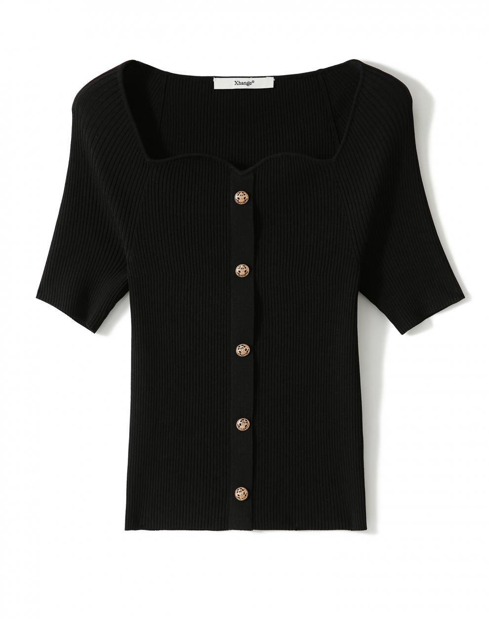 French Seagull Collar Retro Gold Buckle Knitted Top Shirt