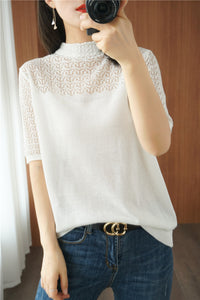 Half-High Hollow Collar Half-sleeved Shirt
