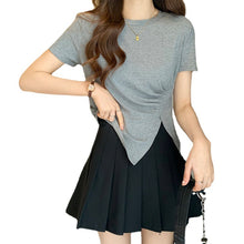 Load image into Gallery viewer, Design sense slit short-sleeved t-shirt slim fit shoulders short T-shirt
