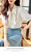 Load image into Gallery viewer, Smokey blue chiffon short-sleeved shirt with drape
