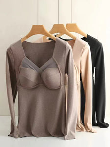 Velvet Chest Pad Latex Seamless Round Neck Long-sleeved Shirt