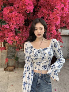Retro Floral Puff Sleeve Square Collar Long-sleeved Shirt